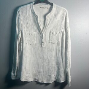 Soft Surroundings White Crinkle Gauze Henley Top Long Sleeve Women's Medium